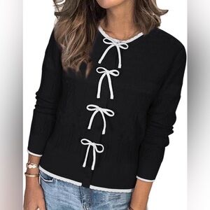 Black Knit Cardigan with White Bow Trim